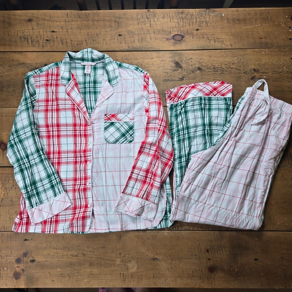 Victorias Secret Womens M Mixed Plaid Flannel Pajama Set Red Green Christmas